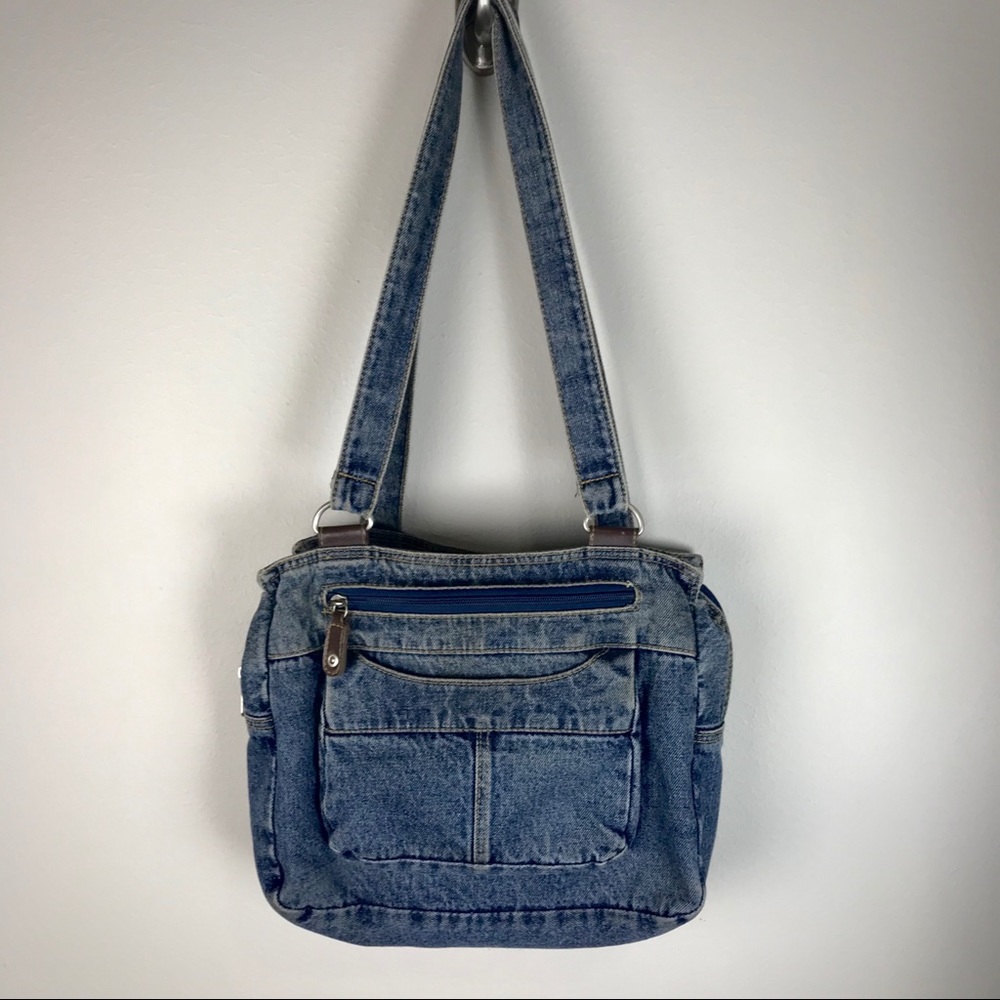 Denim shoulder bag. Personalize w/ pins or patches